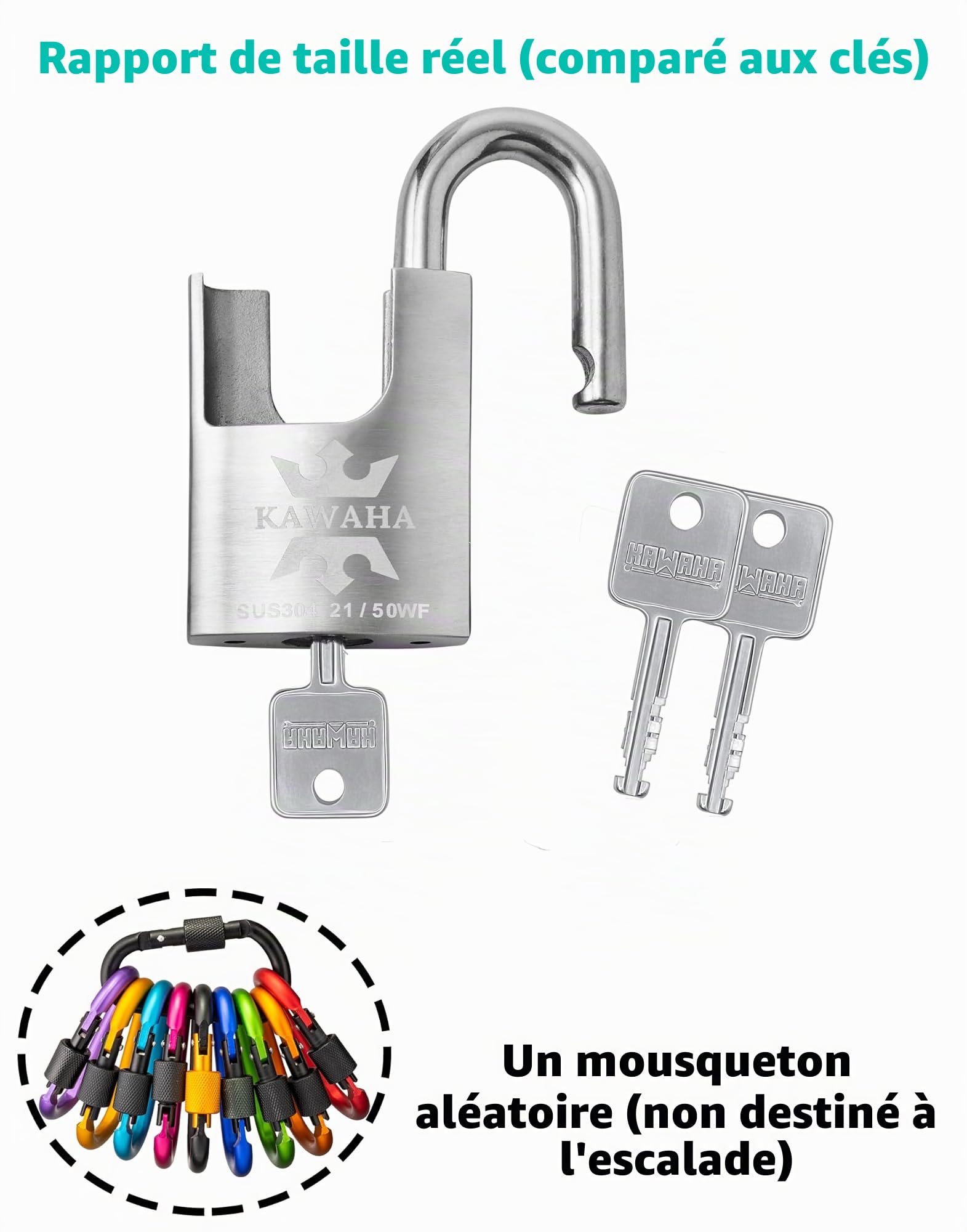 21/50-2PS Cadenas à haute sécurité en acier inoxydable avec enveloppe en acier inoxydable et clé en acier inoxydable pour usage intérieur et extérieur (utilisation intensive, antirouille) (50