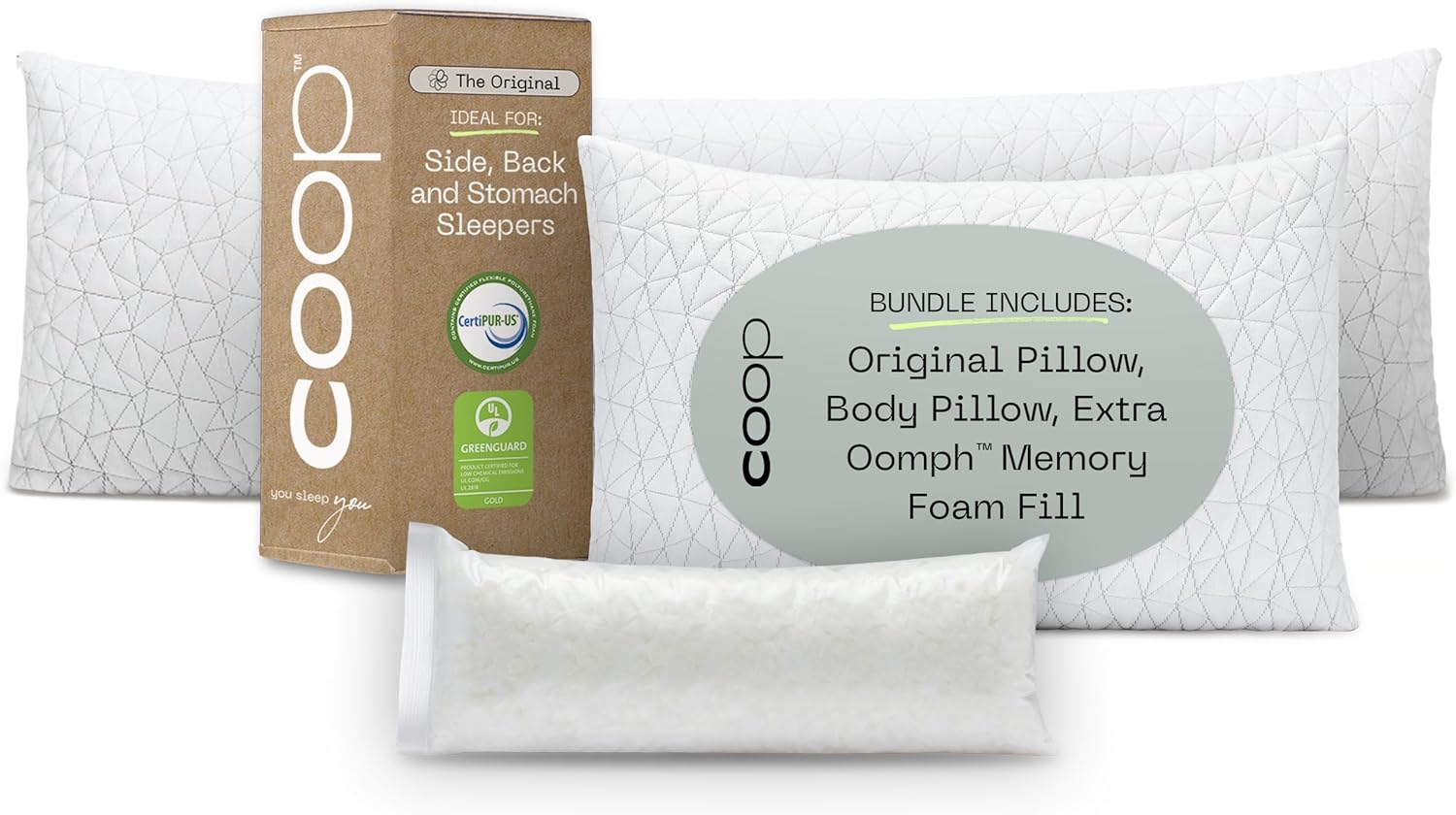 Coop Home Goods Original Adjustable Pillow Queen & The Body Pillow Bundle, Set Includes (1) Queen Loft & (1) Body