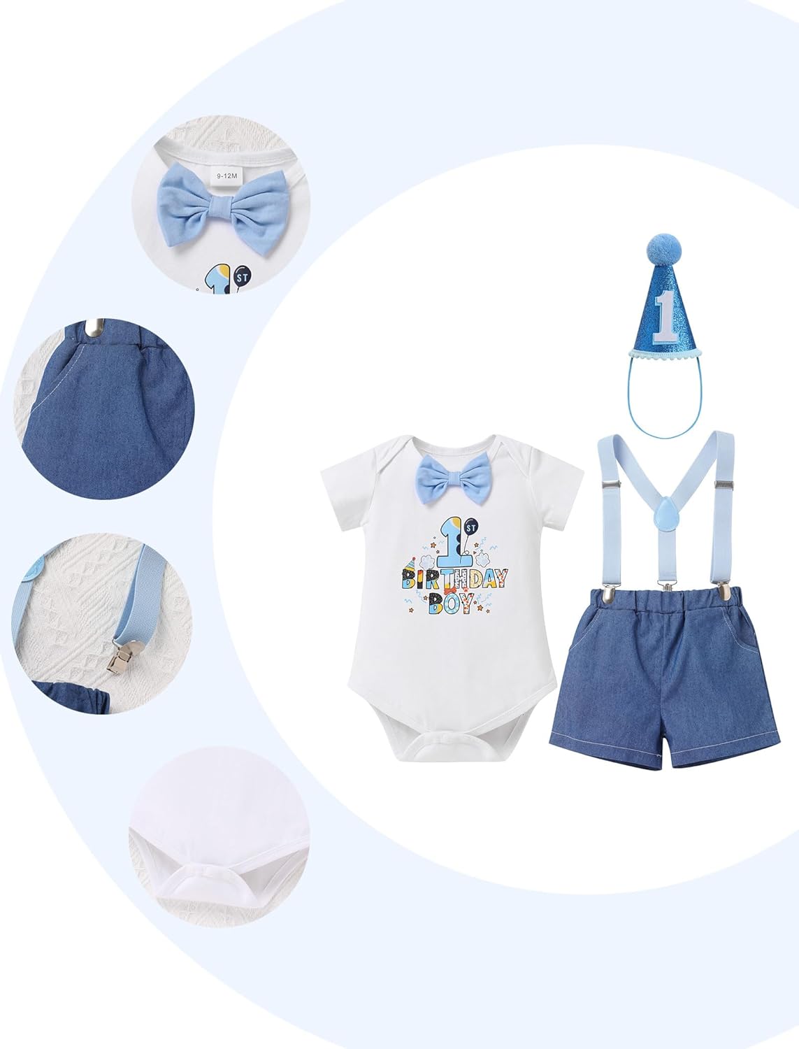 IMEKIS Baby Boys 1st 2nd Birthday Outfit Blue Bowtie Romper Suspenders Hat 3PCS Sets Cake Smash Photo Shoot - Image 4