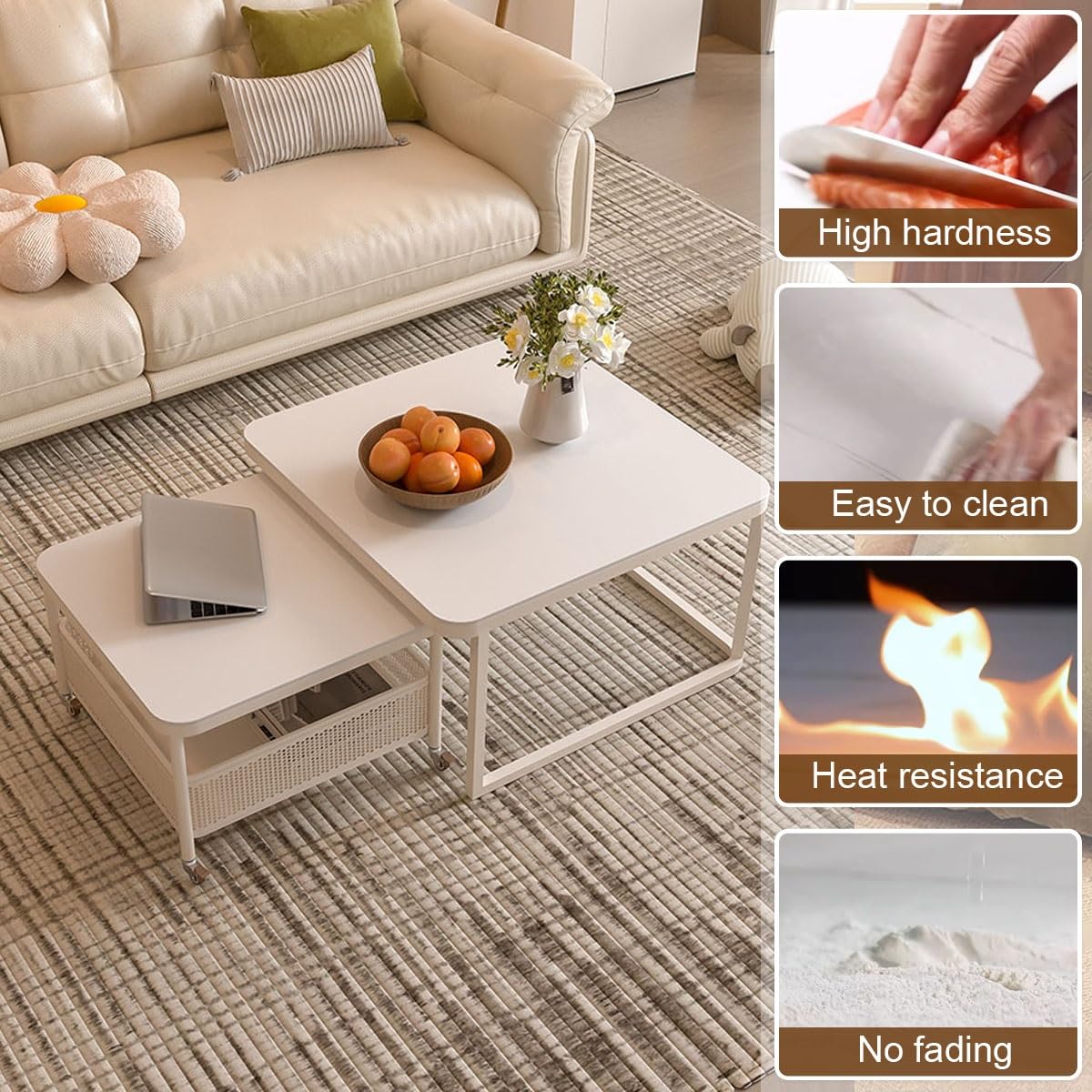 Set di 2 tavolini da caffè con contenitore, design a incastro, piano in pietra e struttura in acciaio, tavolini moderni per soggiorno, camera da letto, ufficio