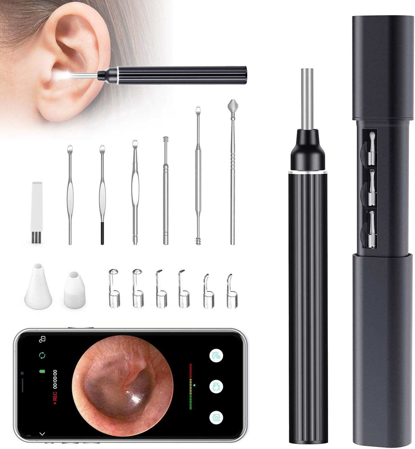 VITCOCO 1926P FHD Wireless Otoscope with accessories and smartphone display