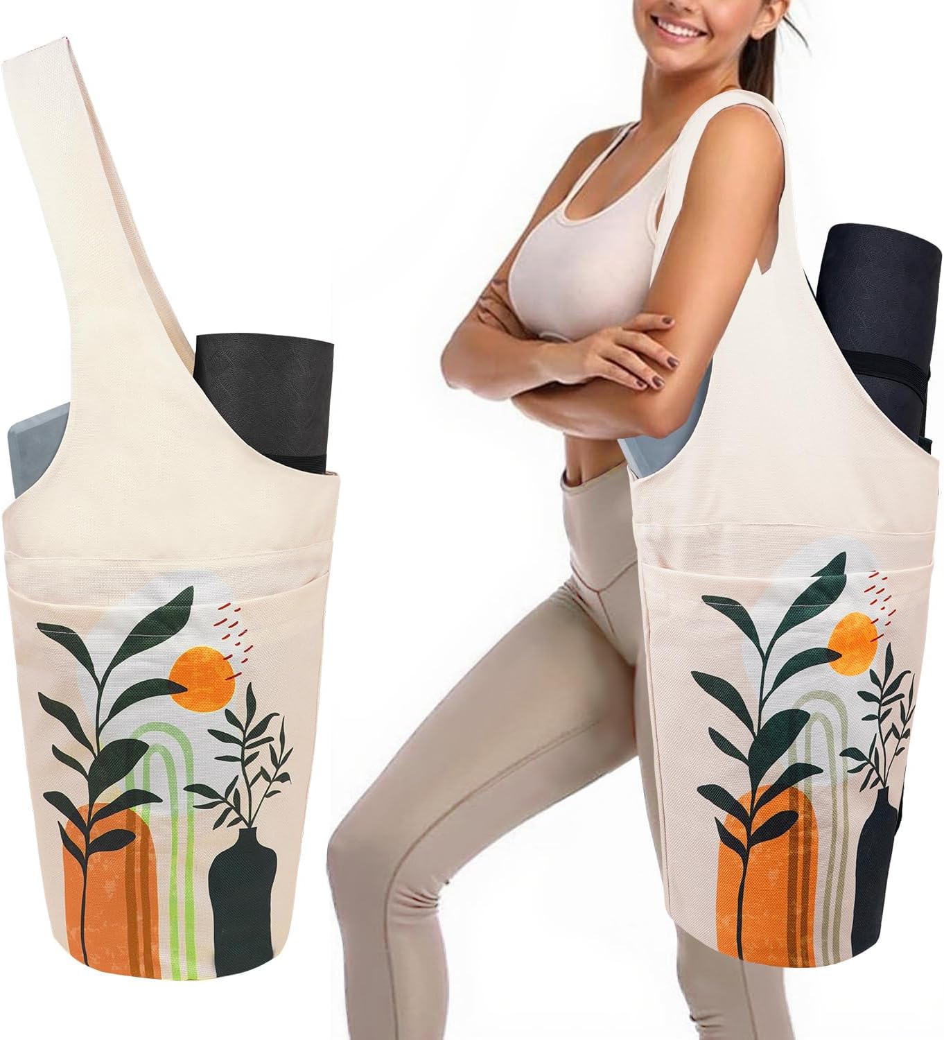 Yoga Mat Bag Carrier for Women with Side Large Pocket Durable Linen Workout Gym Travel Storage Pilates Mats