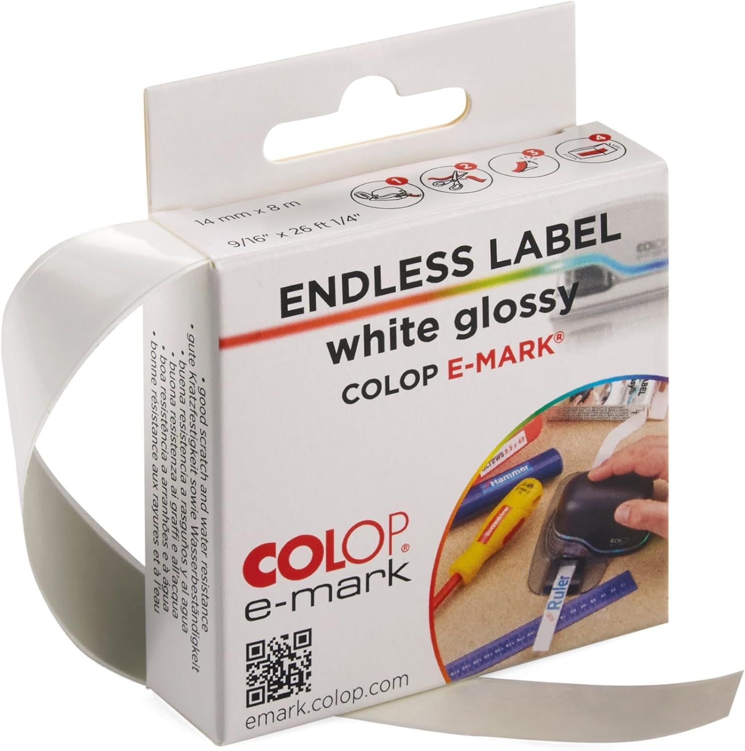 COLOP e-Mark Continuous Labels Glossy White, 14 mm x 8 m Roll, Splash and Scratch Resistant