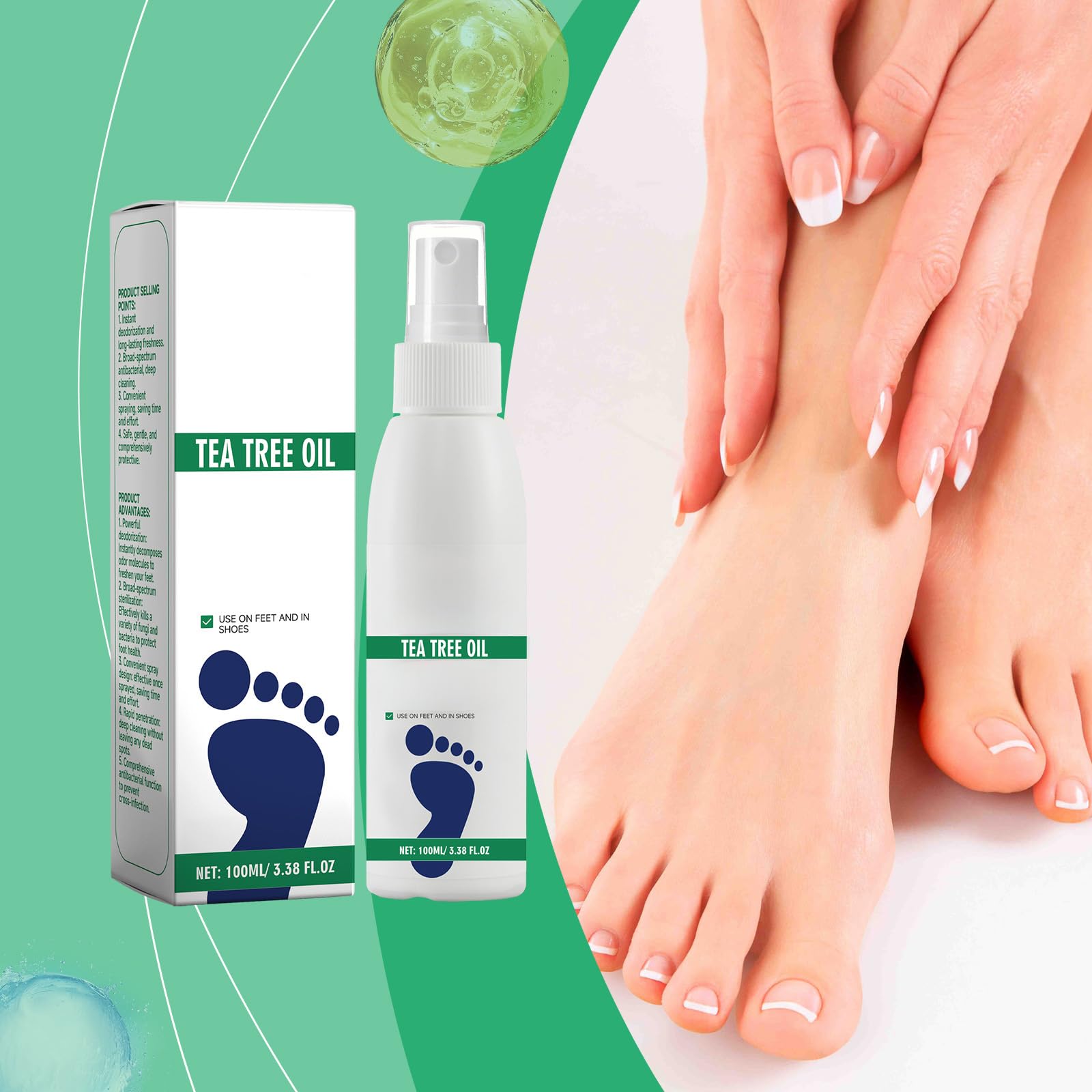 Spray para pies con aceite de árbol de té, control de olores para pies malolientes y piel propensa a la humedad, desodorante para zapatos y calcetines, removedor de sudor para pies, ambientador de
