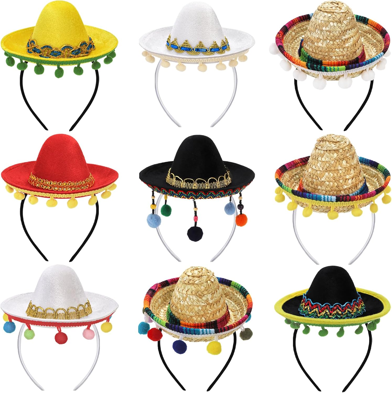 TOPZEA 9 Pack Cinco De Mayo Sombrero Hat, Fabric and Straw Mini Mexican Hats Headband, Birthday Party Decorations Small Festival Hat, Carnival Costume Outfit Fun Photo Props