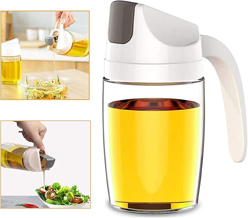 Botella dispensadora de aceite de oliva con tapa automática y tapón automático, 10 onzas, con tapa y tapón automático, boquilla antigoteo, mango