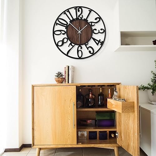 Miniatura 7 de LEIKE Reloj de pared grande, silencioso, sin tictac, funciona con pilas, reloj de pared grande retro redondo moderno de madera para sala de estar,