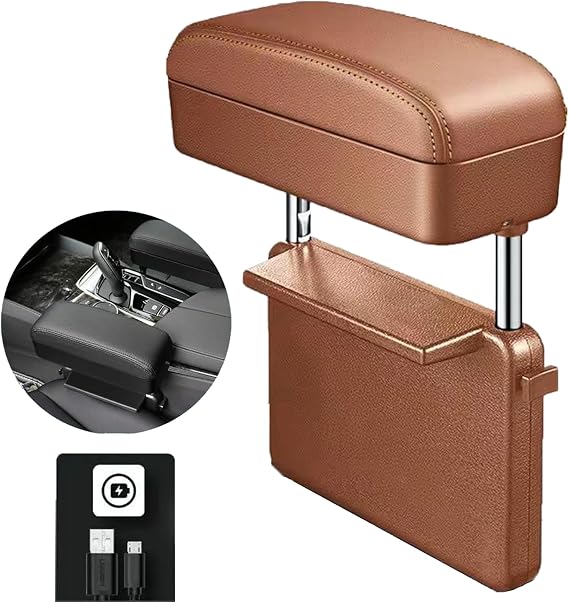 Car Armrest Storage Box, Auto Seat Tray Leather Organizer Wireless Charging Protector Forearm Wrist Support Adjustable Height Comfort Pad for SangYong Korando Rexton,F/Brown