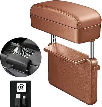 Car Armrest Storage Box, Auto Seat Tray Leather Organizer Wireless Charging Protector Forearm Wrist Support Adjustable Height Comfort Pad for SangYong Korando Rexton,F/Brown
