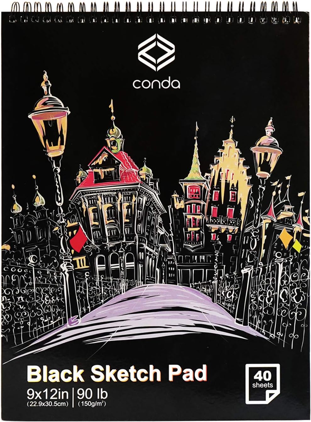 CONDA 9" x 12" Black Paper Sketchbook, 40 Sheets (90lb/150gsm), Double-Sided Spiral Sketch Pad, Durable Black Acid-Free Drawing Paper for Drawing Painting: Arts, Crafts & Sewing