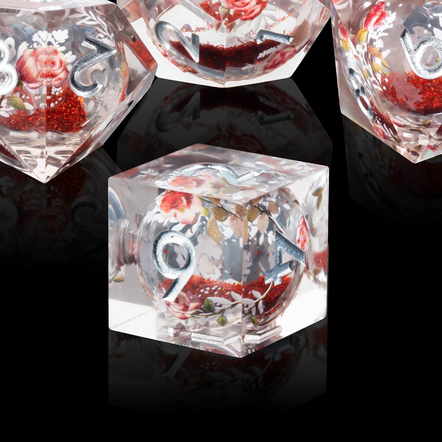 Liquid Core Flower DND Dice Set,7 PCS Resin Polyhedral Dice Set for Dungeons and Dragon RPG MTG Table Game (Red Liquid)