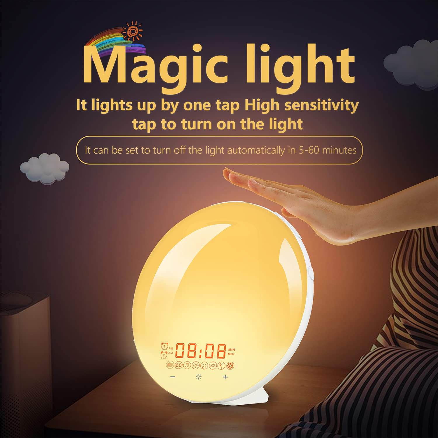 Multifunktionales Licht Smart Clock Tischlampe mit UKW-wecker Schlummerfunktion Nachttischlampe Digitaler Wecker mit Sonnenlichtsimulation