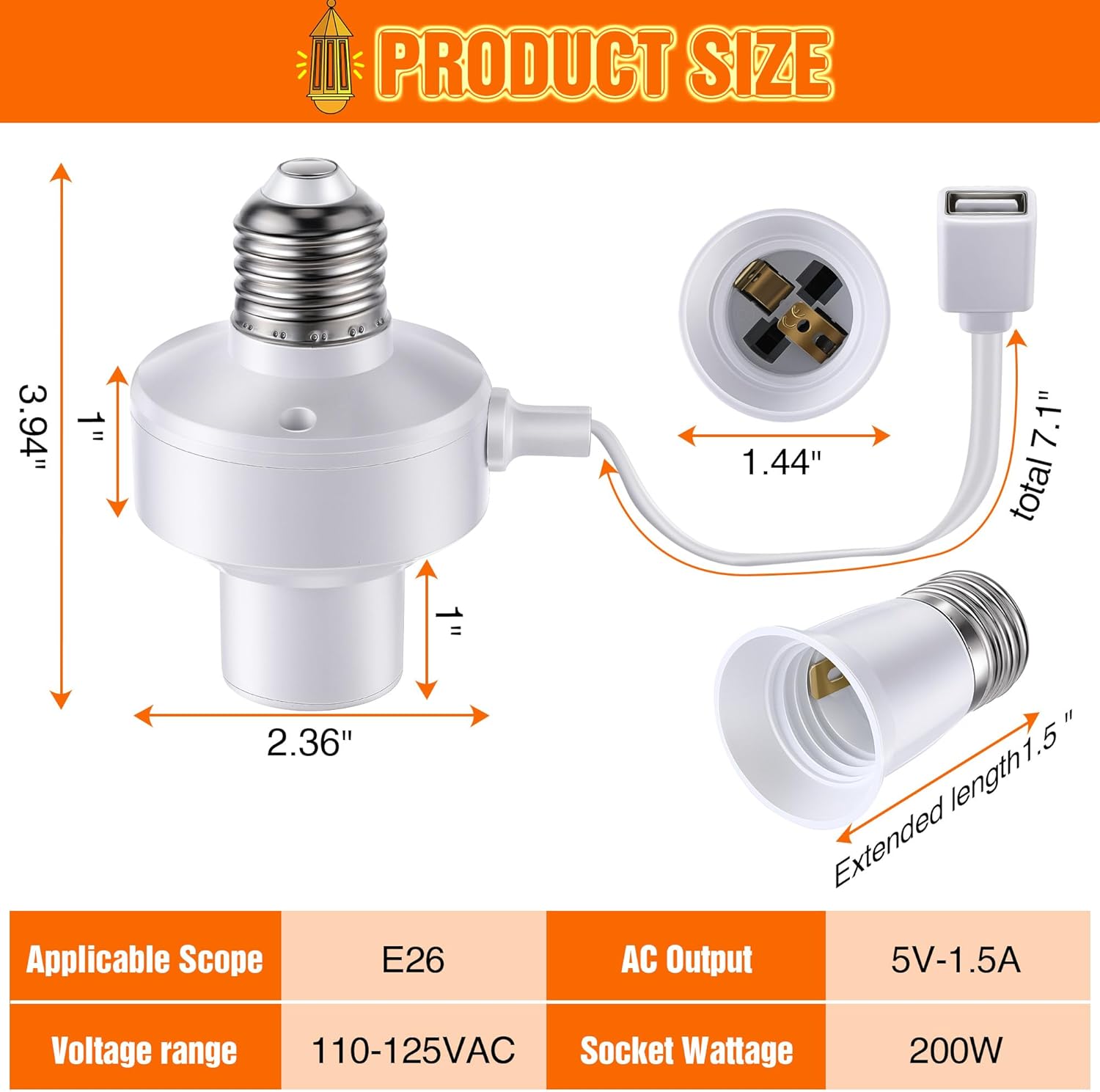 2 Pack E26 Light USB Socket Adapter, Lamp Socket Power Adapter 5V 1.5A, Light Socket Adapter Compatible with Wyze Cameras v3,v4,v3 Pro, USB Light Socket for Smart Camera, Smart Bulb, GPS, LED Strip