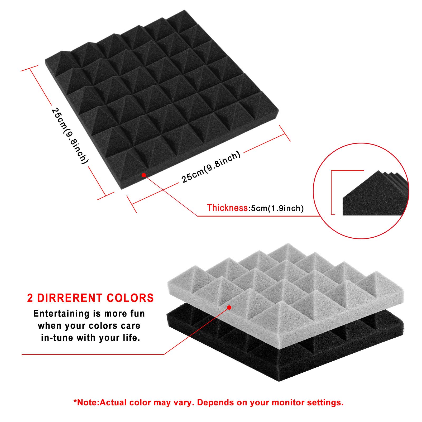 Agptek Acoustic Foam Tiles 24 Packs Soundproof Studio Foams 25x25x5cm ...