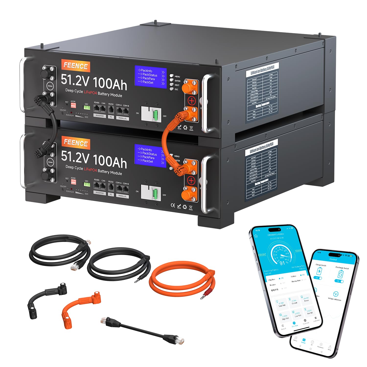 Pack de 2 baterías de 48V 100Ah LiFePO4 de litio, 10,24KWh 48V batería de litio para gabinete de servidor solar, con BMS Bluetooth de 100A para sistema solar completo, instalación fotovoltaica