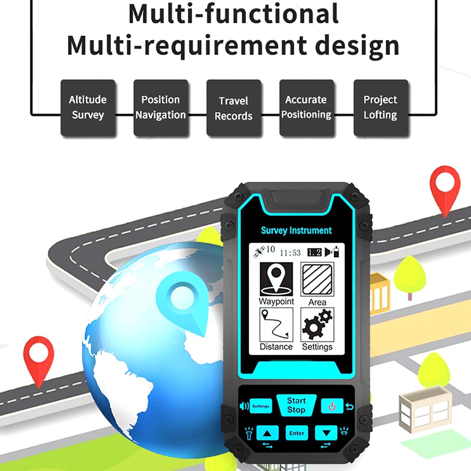 Medidor terrestre GPS portátil, Instrumento de medición terrestre GPS con medición de coordenadas y función de medición de altitud, Registro de 99 Datos históricos y Seguimiento de Figuras, para Med
