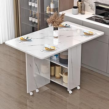 Extendable Drop Leaf Folding Dining Table with 2-Layer Storage,Folding Table Drop Leaf Dining Table with Wheels, Multifunction Expandable Table for Kitchen,BedroomWhite