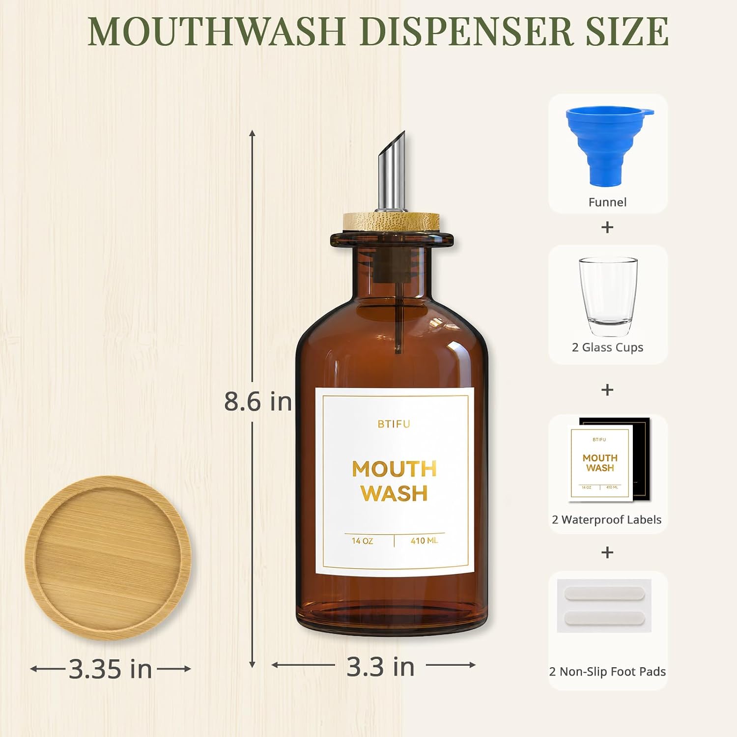 Amber Glass Mouthwash Dispenser for Bathroom - 14oz/410ml