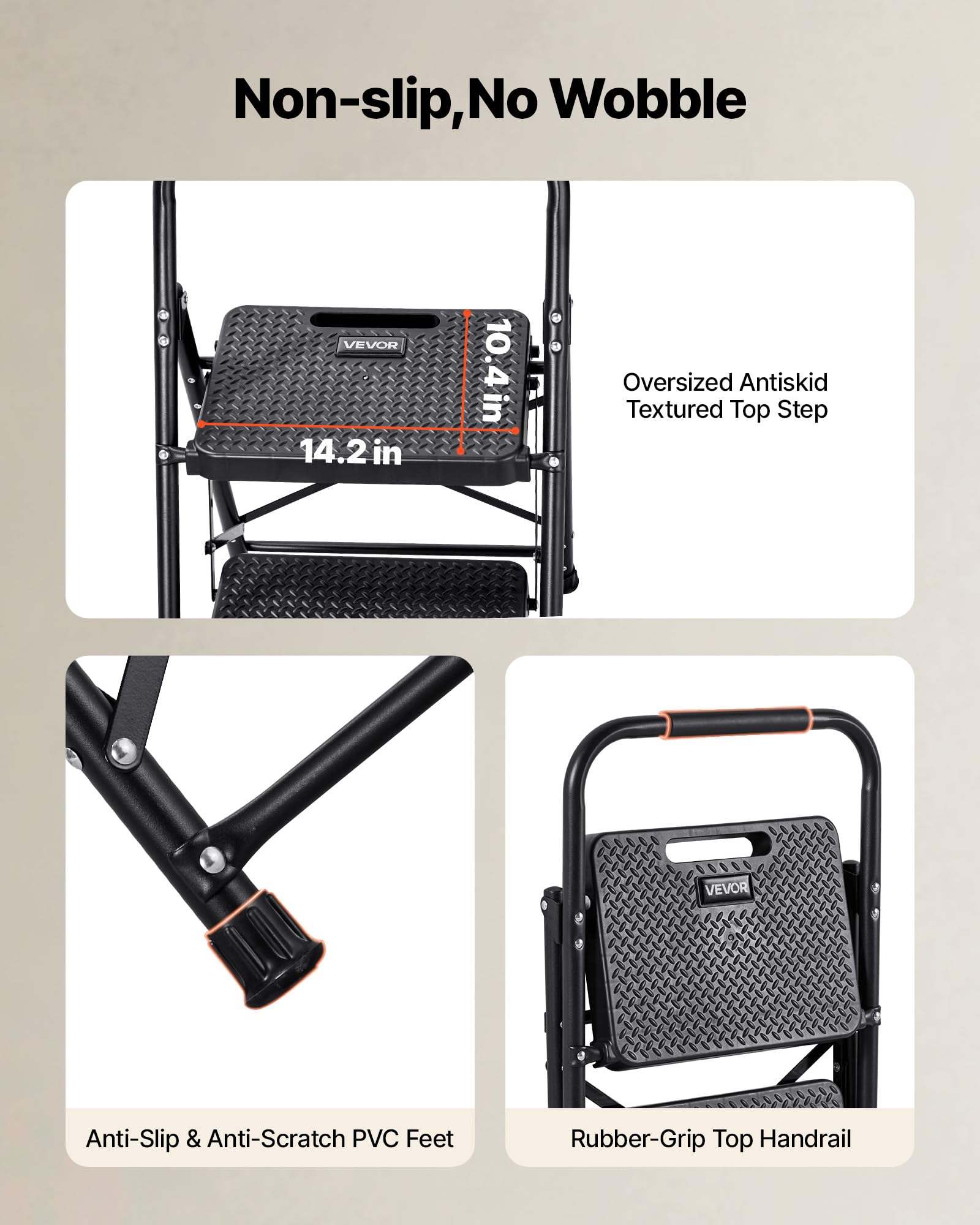 VEVOR Escalera Plegable de 2 Peldaños, Escalera de Tijera con Estructura de Acero, Capacidad de Carga Máx. 272 kg, con Asa Superior de Goma y Pies Antideslizantes, Utensilio para Hogar Cocina Oficina