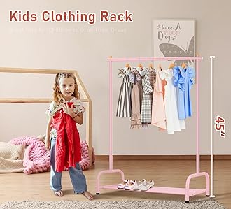 SLEEPING LAMB Kids Clothing Rack, Small Baby Clothes Rack with Bottom Storage Shelf, Kids Dress Up Rack Storage for Coats, Dance Costume Garment Rack for Hanging Clothes, Pink