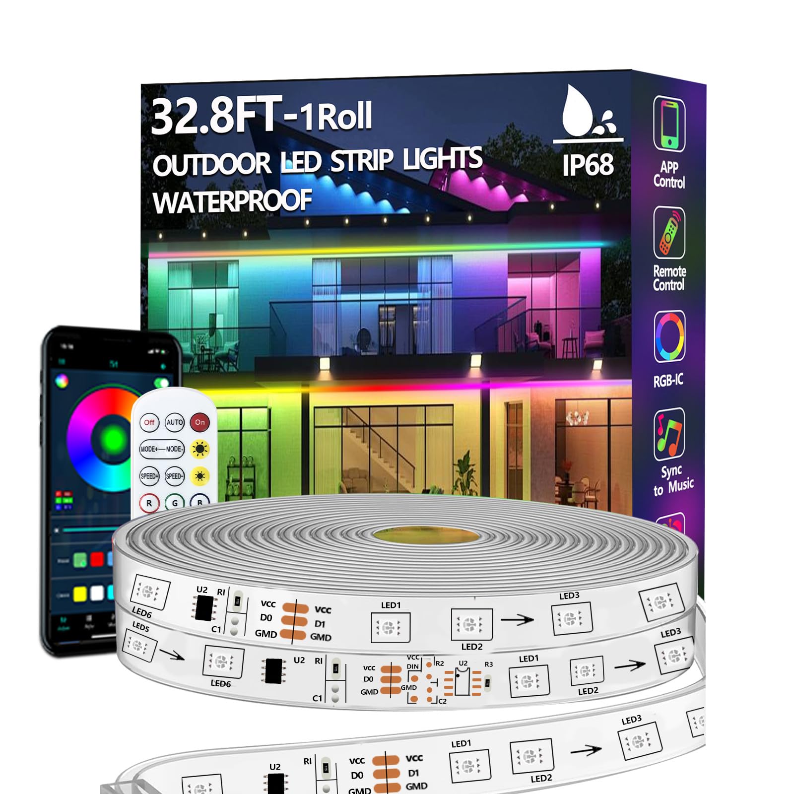 httpsmp 32.8FT Outdoor LED Strip Light Waterproof,IP68 Outside RGB+IC Light Strip with App/Remote Control,Chase Mode,Music Sync Rope Light for Balcony,Deck,Rooftop,Garden,Pool