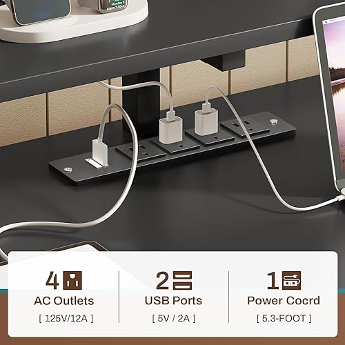 Miniatura 4 de SEDETA Escritorio para computadora con toma de corriente y luces LED, escritorio de oficina en casa de 66 pulgadas con cajón de archivos, estantes