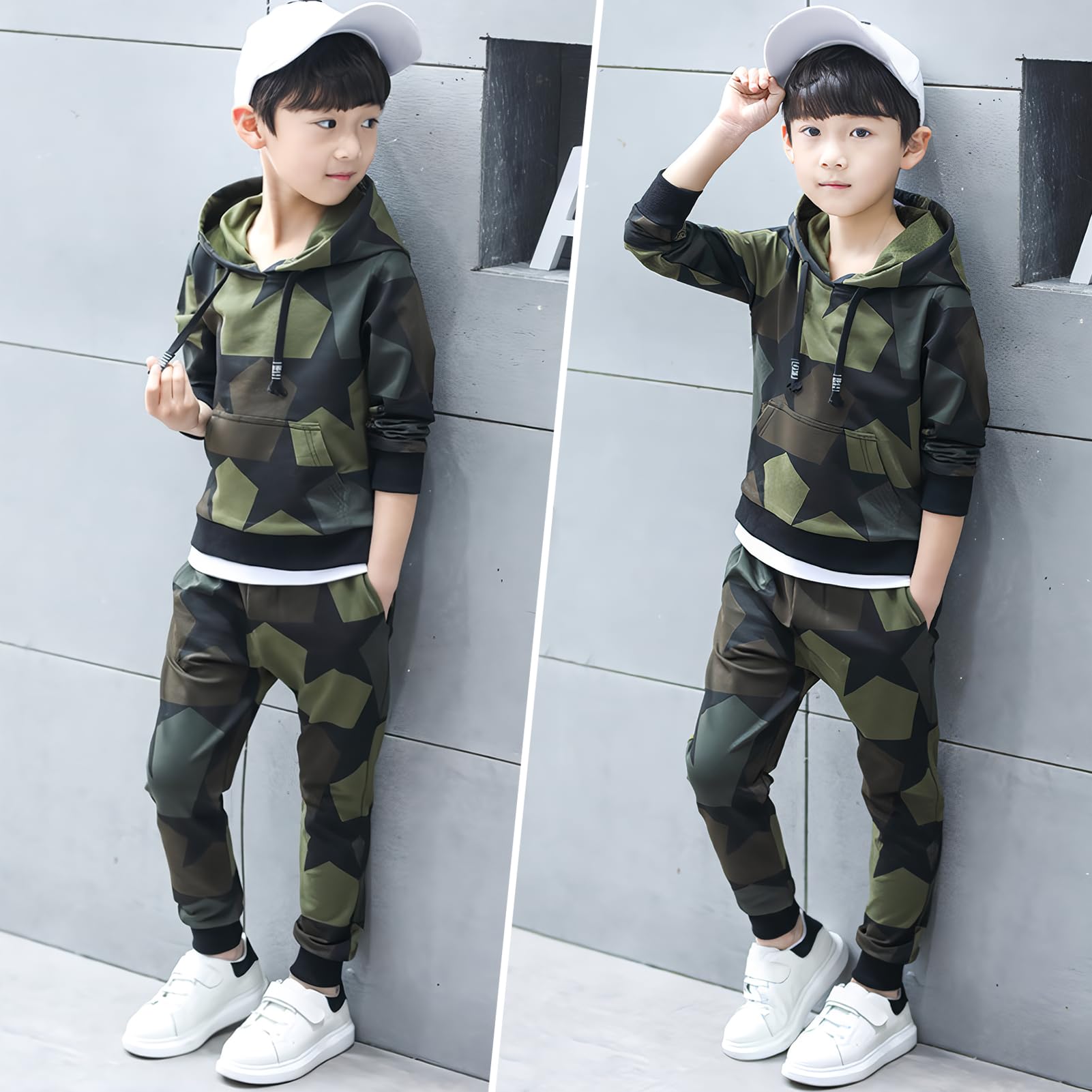 Tuta da Jogging per Bambini 2 Pezzi Tuta Sportiva Mimetica Giacca Sportiva con Cappuccio e Pantaloni