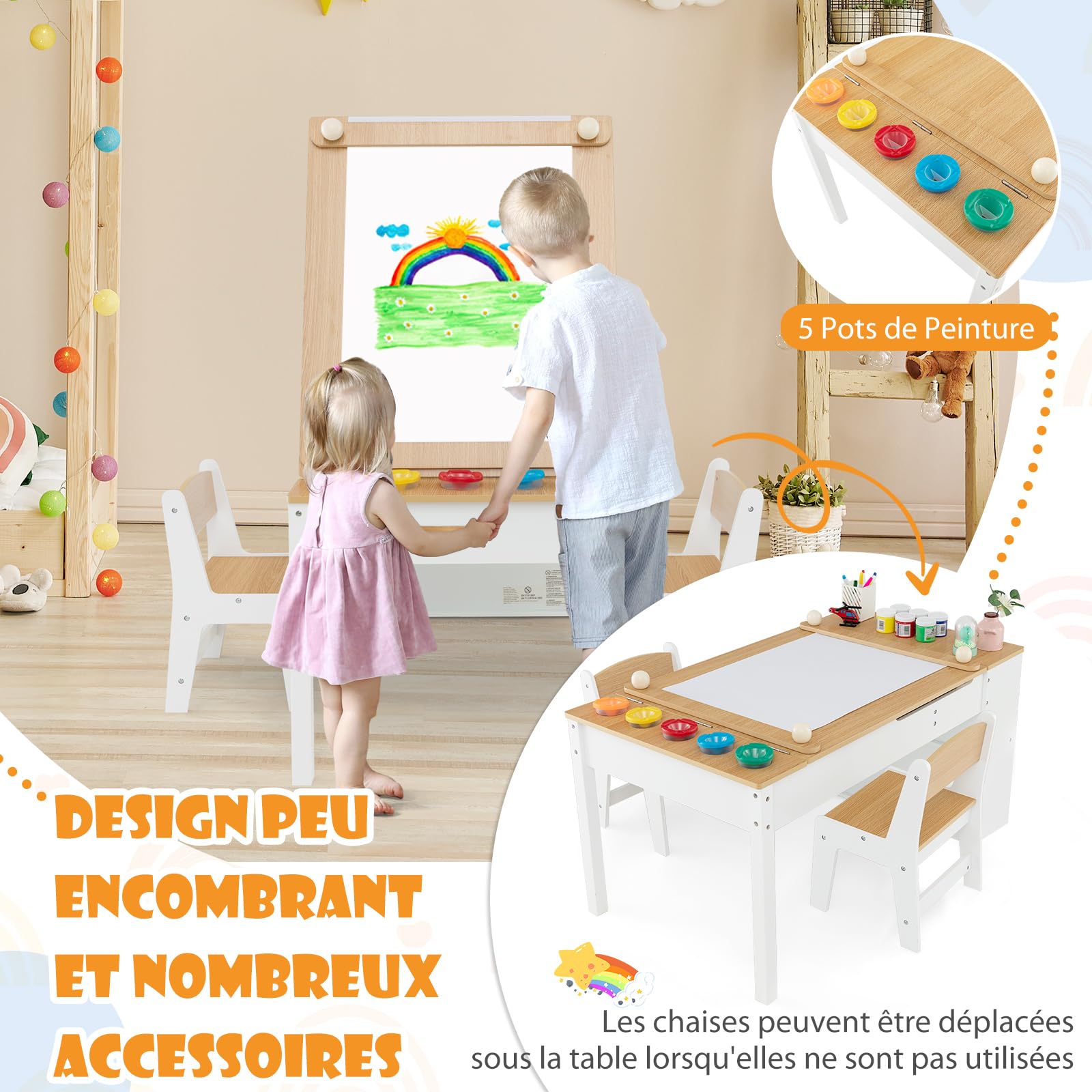DREAMADE Table à Dessin et 2 Chaises en Bois Enfants,Bureau d'art Tout-Petits avec Plateau Inclinable&6 Tiroirs en Tissu&5 Palettes&Rouleau de Papier,Charge 91+75KG(Naturel)