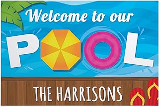 Personalized Planet Welcome to Our Pool Doormat with Custom Family Name Printed on Oversized Colorful Rectangular 1/8â€ Thick Non Slip Mat for Kitchen Hallway Deck or Porch, 36x24