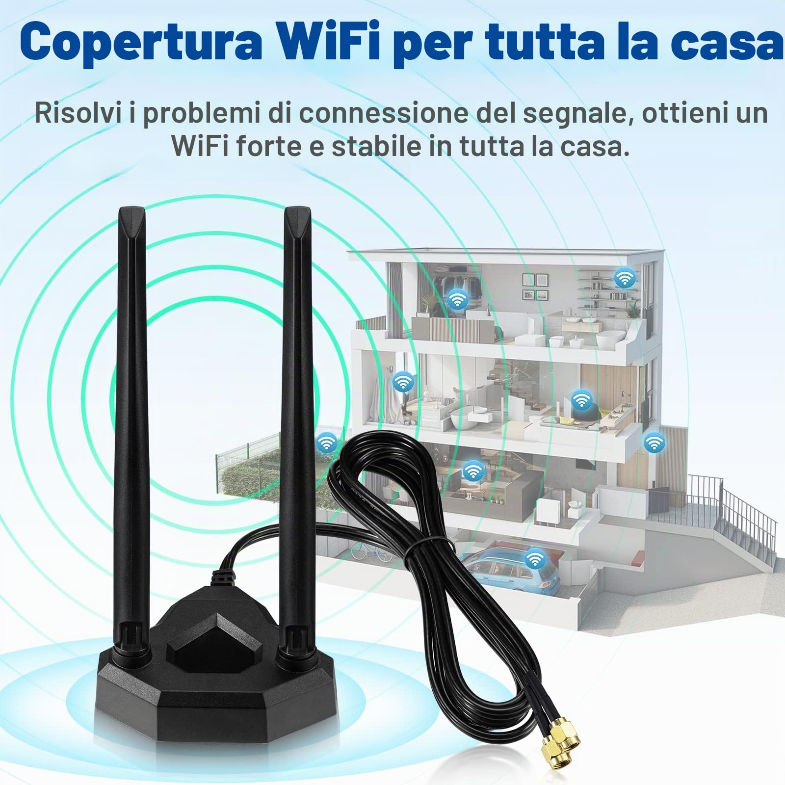 Eightwood Antenna WiFi Bi-Banda 2.4GHz/5GHz Antenna WLAN PC Router omnidirezionale con magnete RP-SMA con cavo di prolunga 2M per Netgear Scheda PCIE Scheda WLAN Scheda madre PC Bluetooth