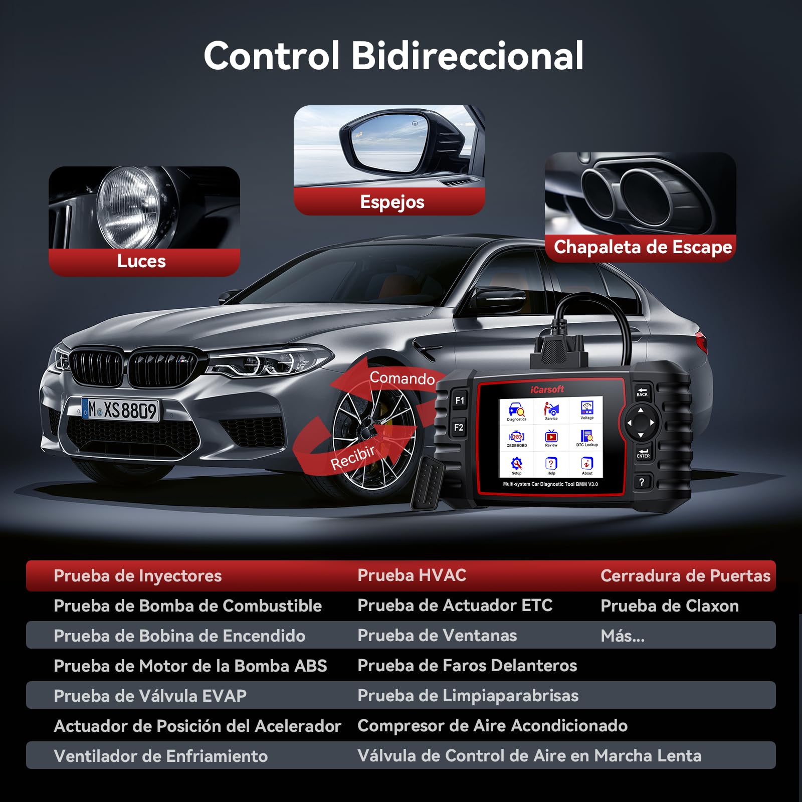 iCarsoft BMM V3.0 OBD2 Máquina Diagnosis Coche para BM.W/Mini/Rolls-Royce, Bidireccional Escáner de Todo el Sistema, 16 Funciones Reinicio, Prueba de Batería, Vin Automático