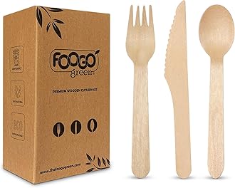 FOOGO Green 450pcs Disposable Wooden Cutlery Set, FSC® Certified, 150x Forks 150x Spoons 150x Knives, 16cm, Biodegradable Compostable, Eco Friendly Cutlery Set, Party Picnic, Like Bamboo Cutlery Set