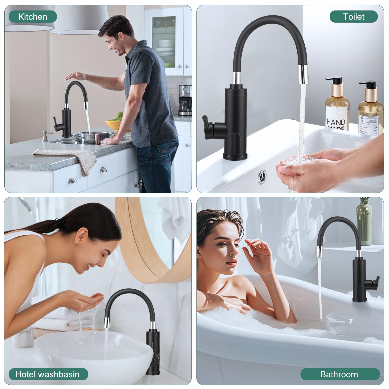 Chauffe-Eau Instantané electrique rotatif à 360°, 230V 3000W electrique Robinet de cuisine avec affichage de la température LCD, Robinet de tuyau en silicone pour Cuisine Jardin Salle de Bain Caravane