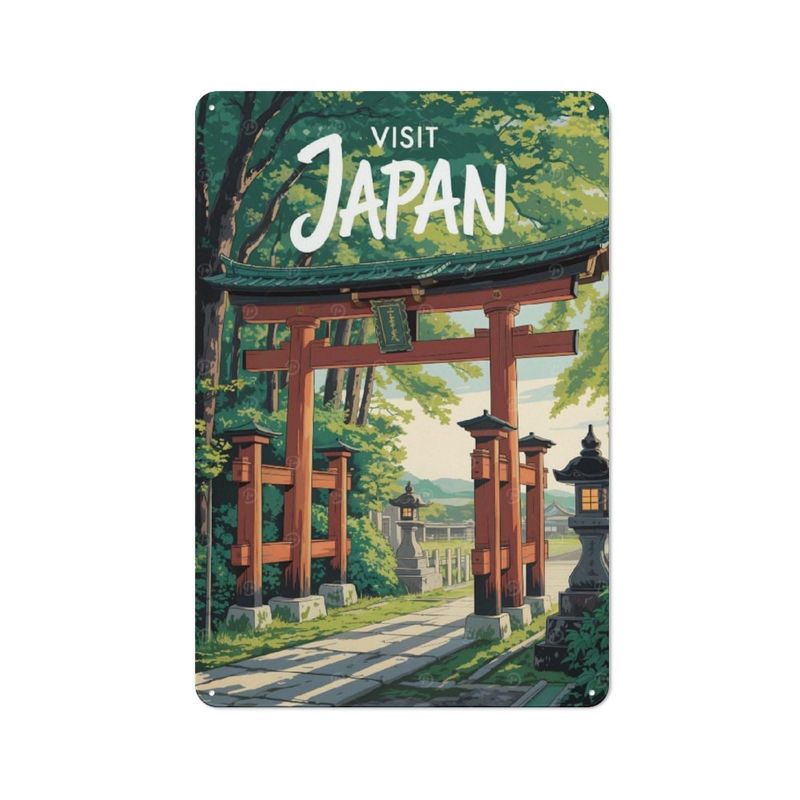 Junmoney Visit Japan Torii Gate Illustration Vintage Metal Wall Decor 30X20cm, Garage Metal Sign For Garage, Workshop, Shed Or Utility Room