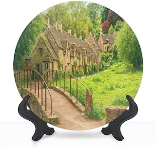HABEN ARTWORK Decorative Ceramic Plates for Display with Stand, 8" old footbridge traditional cotswold cottages bibury england Dinner Plate for Wall Hanging Tabletop Decor Home Housewarming Gifts