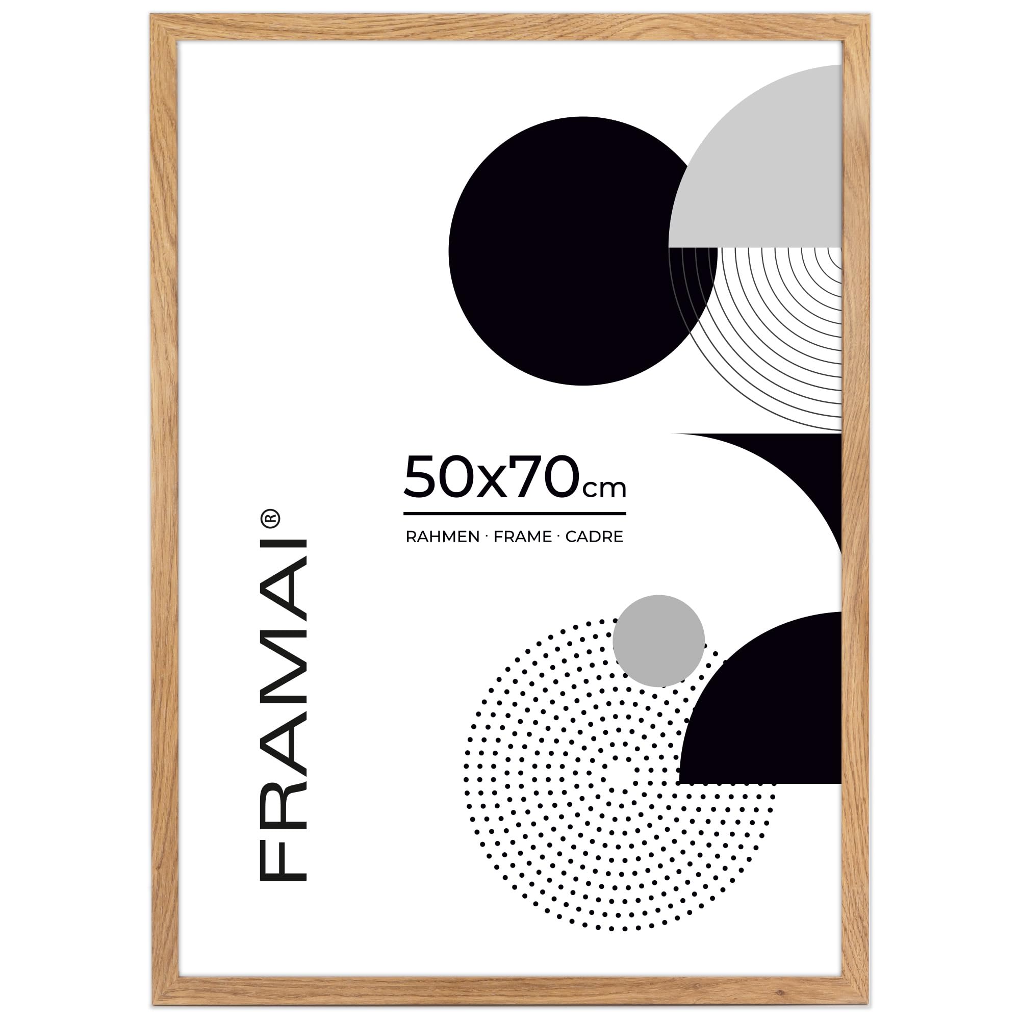 FRAMAI® Bilderrahmen 50x70 cm Eichenfarbe MDF Umweltfreundlichem Rahmen mit Bruchsicheren Plexi, Aufhänger und Aufsteller