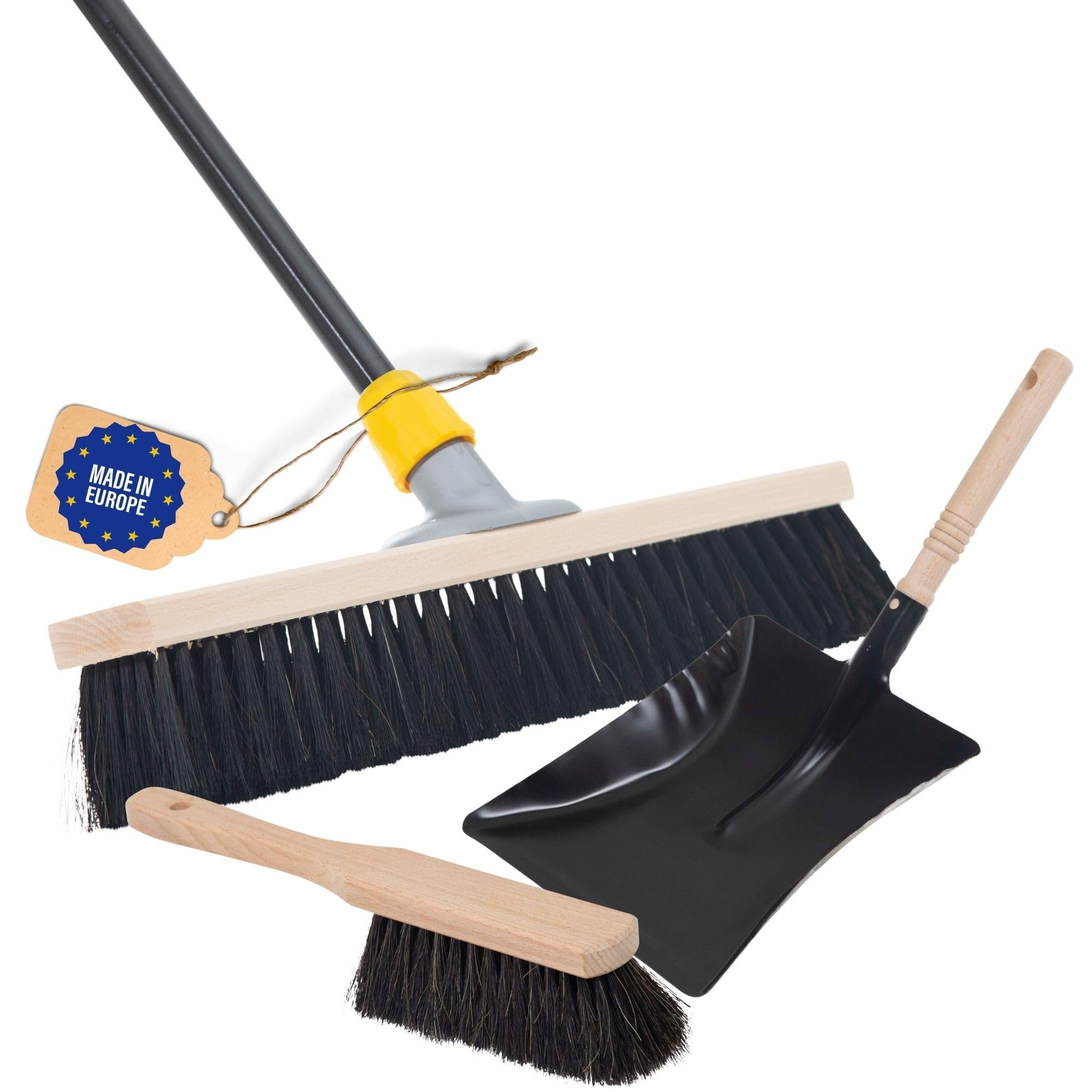 Novaliv Escoba con mango de 50 cm, mezcla de pelo, incluye recogedor negro compuesto de recogedor y cepillo de mano, escoba fina, ideal como escoba de taller, escoba industrial con mango
