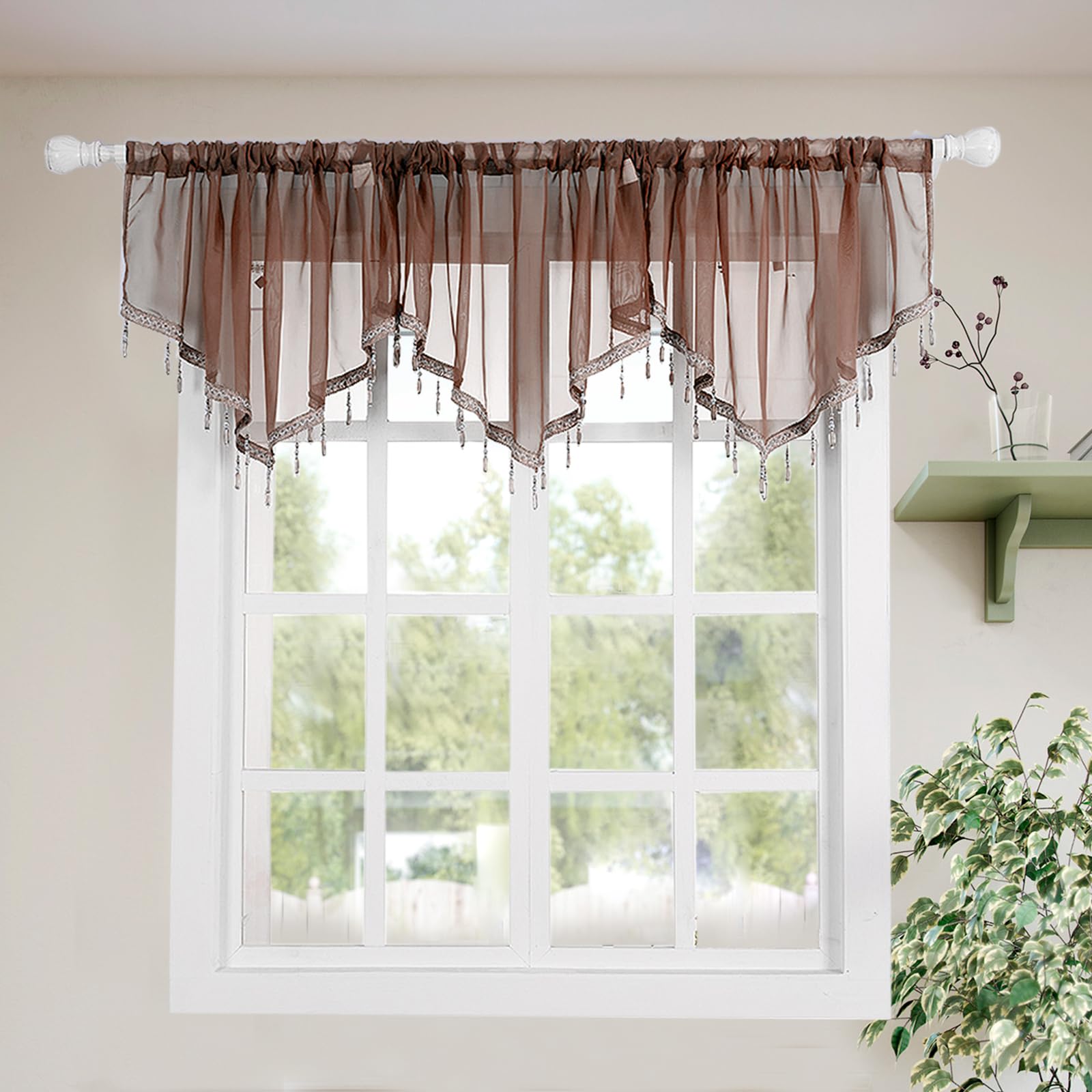 Molaxhome Lace Valance Swag Curtain 51 Inch Scalloped Sheer Curtain Panels with Crystal Beads - Rod Pocket Farmhouse Window Treatment for Kitchen Bedroom 1pc Boho Chic Drape Decor Coffee — image 1