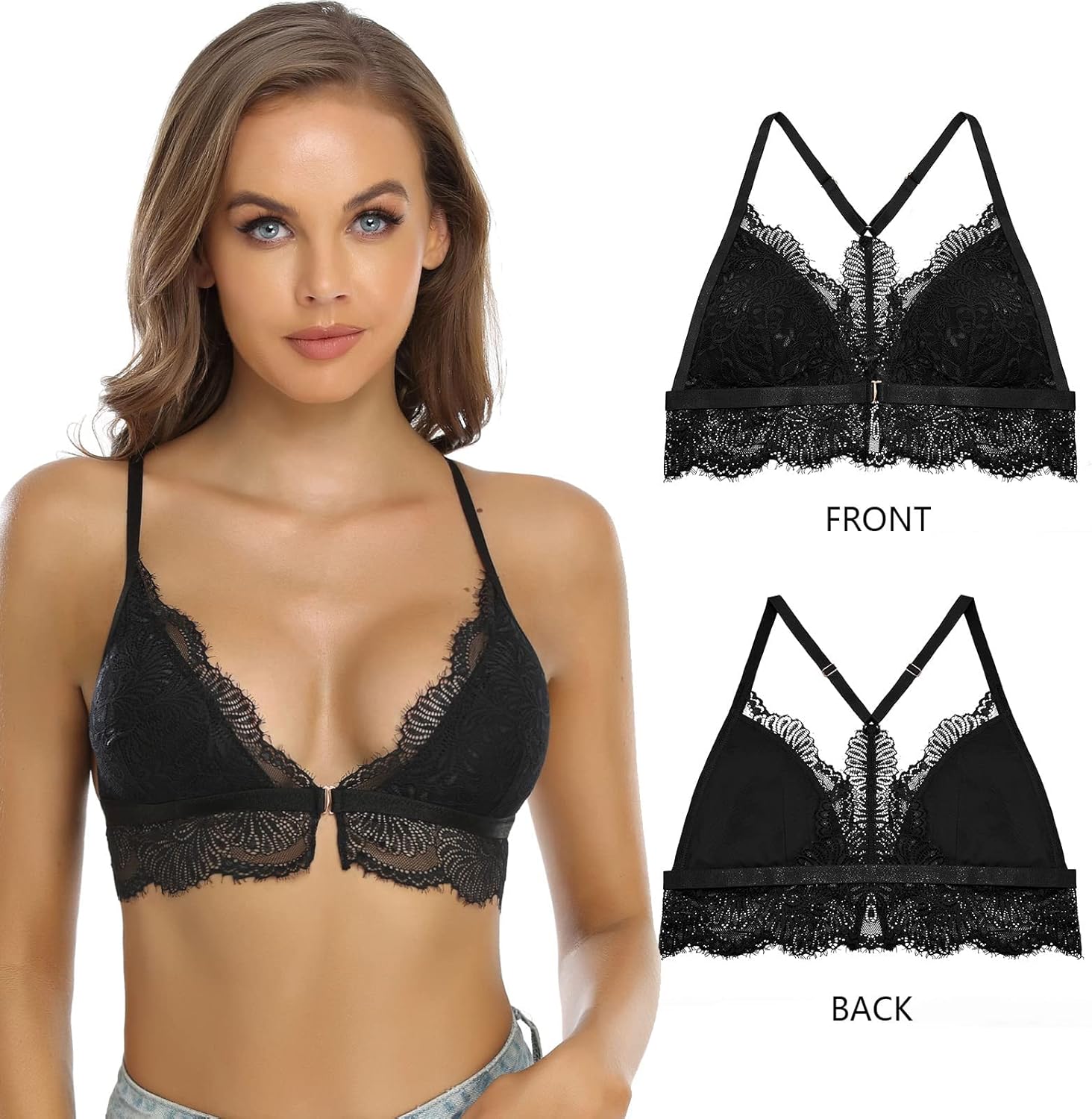 SHEKINI Lace Bralettes for Women Front Closure Bras Padded Wire Free Triangle Wireless Halter Bra Racerback Crop Top Vest Bra - Image 5