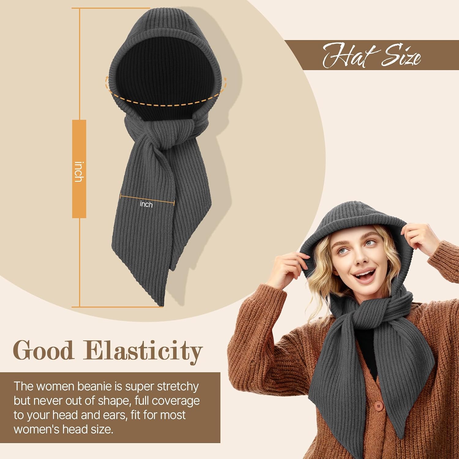 Pleneal Winter Hats for Women, Warm Hooded Cover Ears Hat with Knit Scarf for Women Balaclava Beanie Hat Grey