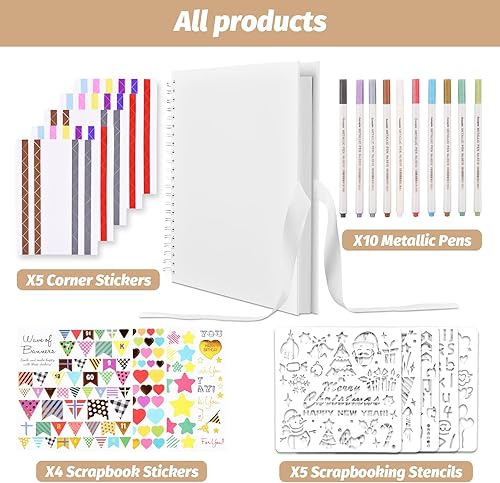 Miniatura 2 de GOTIDEAL Álbum de recortes de 12 x 12 pulgadas con 10 marcadores metálicos, álbum de fotos de 80 páginas de papel para manualidades para bodas y