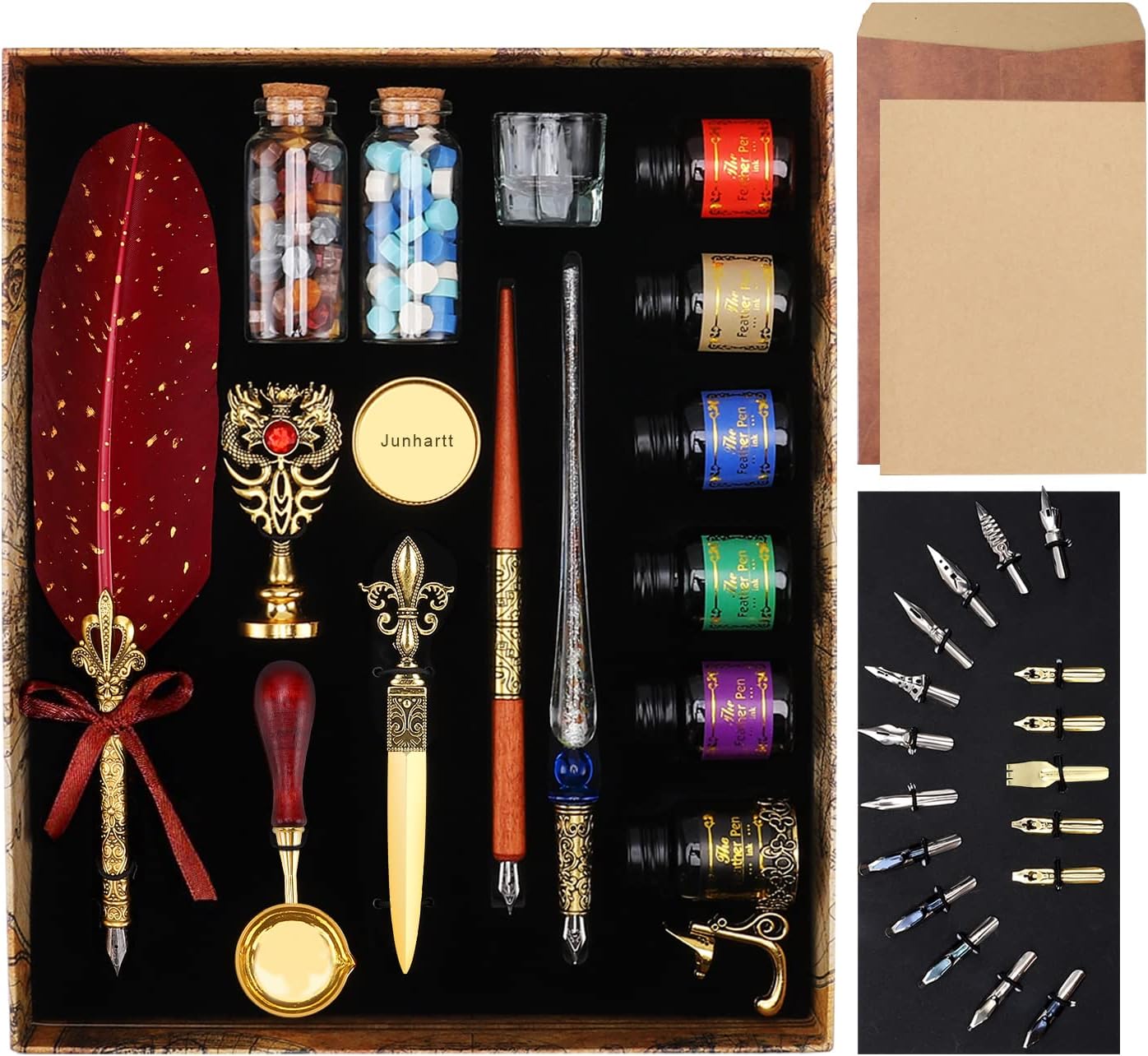 Quill Feather Pen and Ink Set, Calligraphy Pen Glass Dip Pen and Wax Seal Stamp Kit (Red)