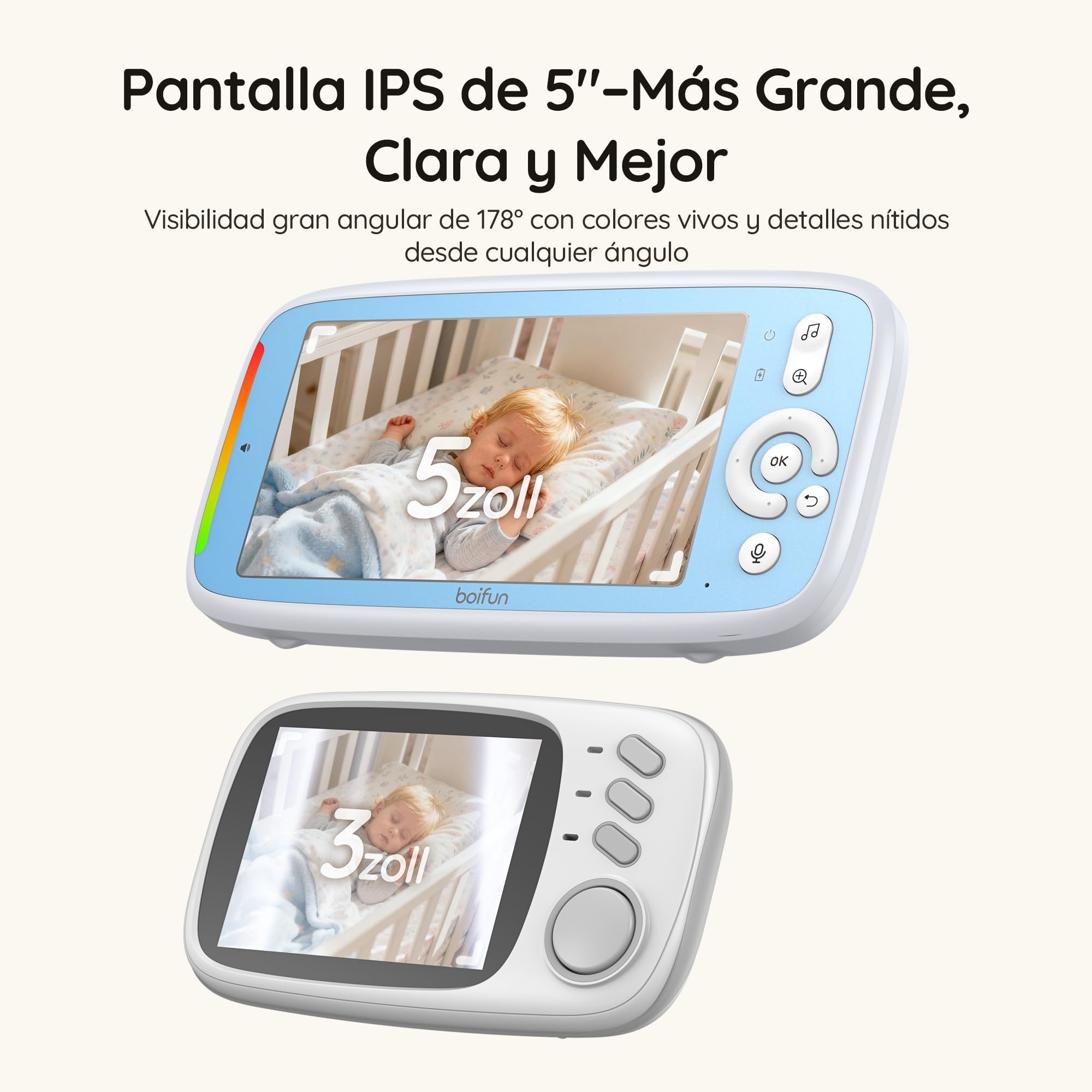 BOIFUN 5" Camara Vigilancia Bebe, sin WiFi, Rotación de 360°, Visión Nocturna Infrarroja Invisible, VOX Activación por Sonido, Comunicación bidireccional, Temperatura, Protección de la Privacidad