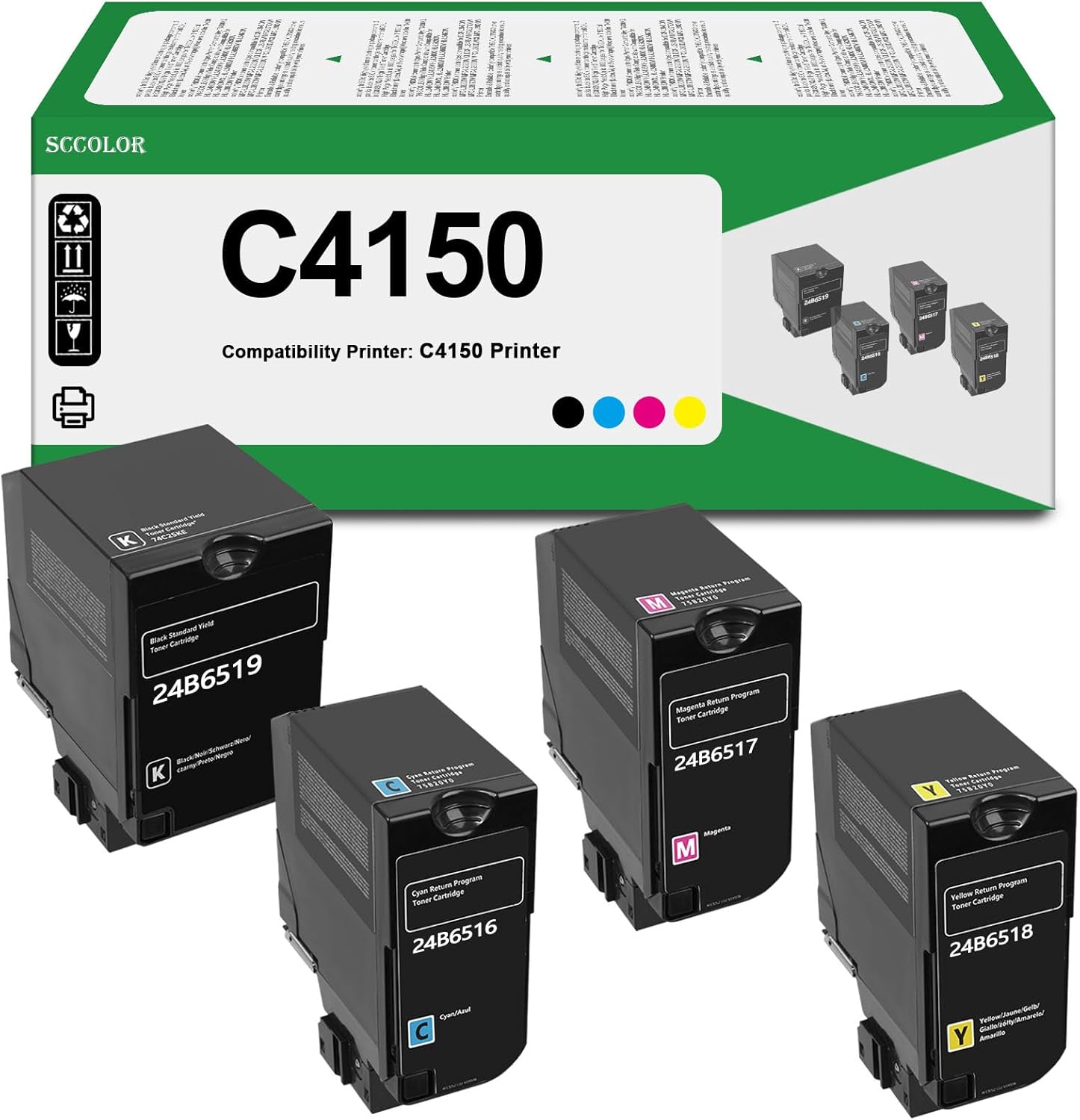 Extra High Yield C4150 Toner Cartridge Compatible for Lexmark 24B6516 24B6517 24B6518 24B6519 Black Cyan Yellow Magenta Toner Replacement for Lexmark C4150 Printer(BK:16,600 Pages,CMY:10,600 Pages)