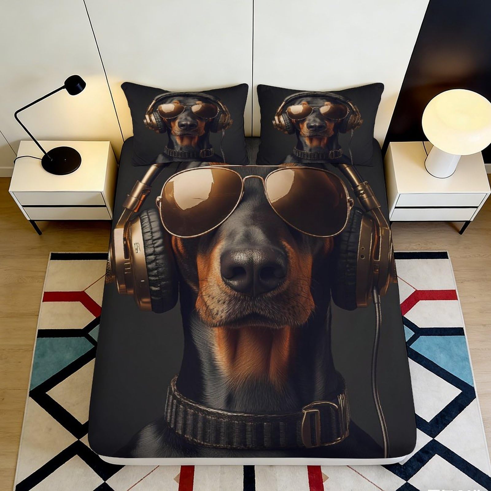 Jqzkxnhpbr Style-9 3D Printed Cool Doberman Fitted Sheet Microfiber Bedroom Decor With Headphones Bed Cover For Home Dorm 90X200x25cm