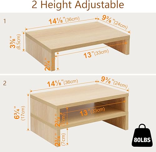 Miniatura 5 de TEAMIX Soporte elevador para monitor de madera, paquete de 2 elevadores ajustables para monitor dual para computadora portátil/PC