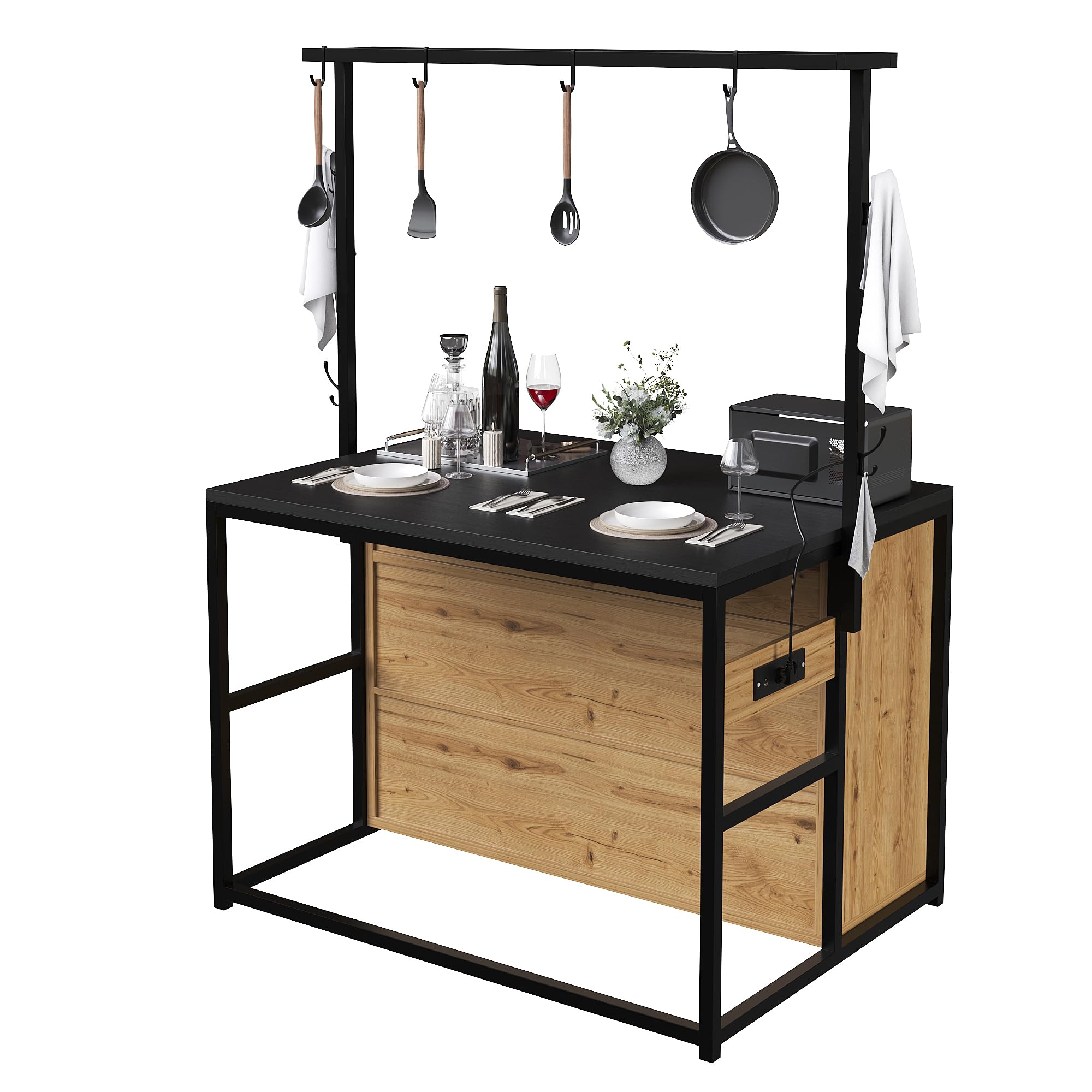 Küchenschrank mit Arbeitsplatte & Stromanschluss, 183cm hoher Kücheninselschrank mit Hängeregal, Holzoptik/Schwarz, für Küche & Esszimmer (Holzoptik)