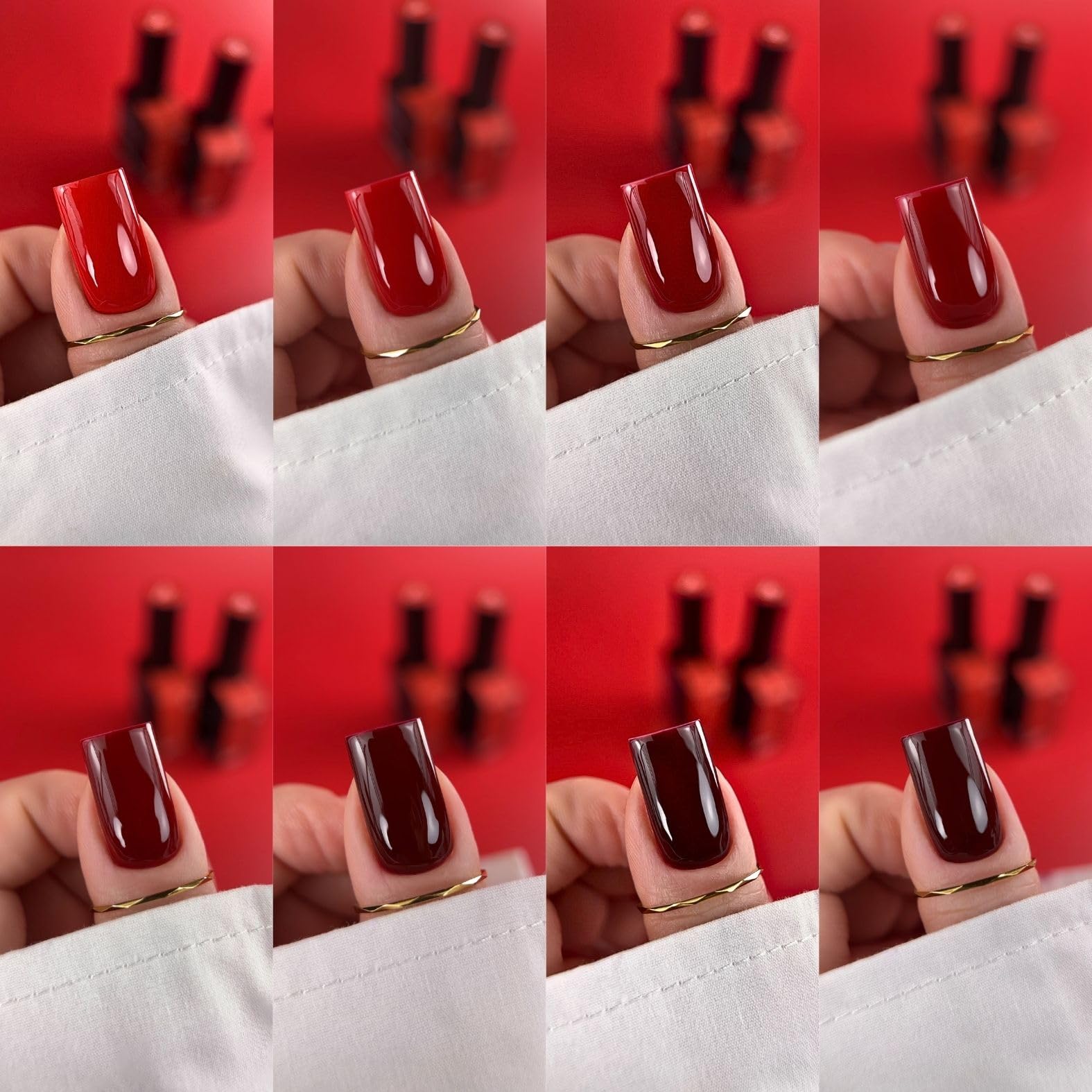 BIBLIOTEKA Nails Colección RED ESPECTRUM Set de 8 Esmaltes Semipermanentes de tonos rojos de 10ml. Cobertura uniforme. Colores rojos clásico, cálido, profundo, vino, burdeos y chocolate