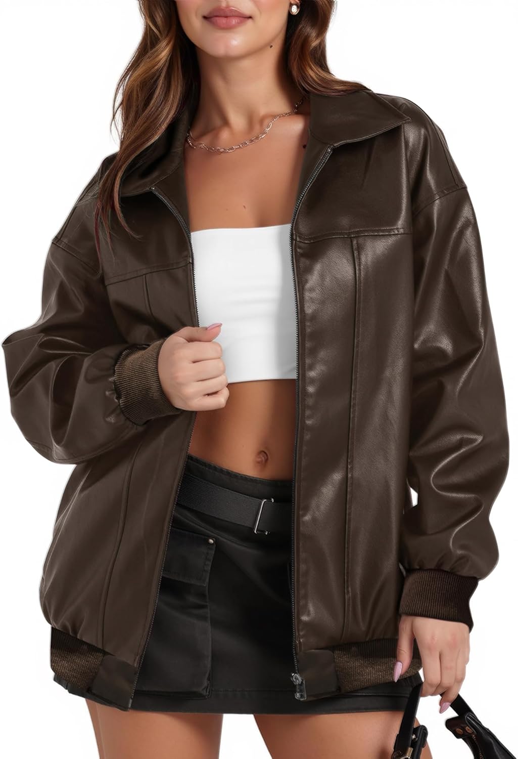 Women's Leather Jacket Oversized Faux Leather Bomber Jacket Fall Fashion 2025 Trendy Moto Winter Coat with Pocket