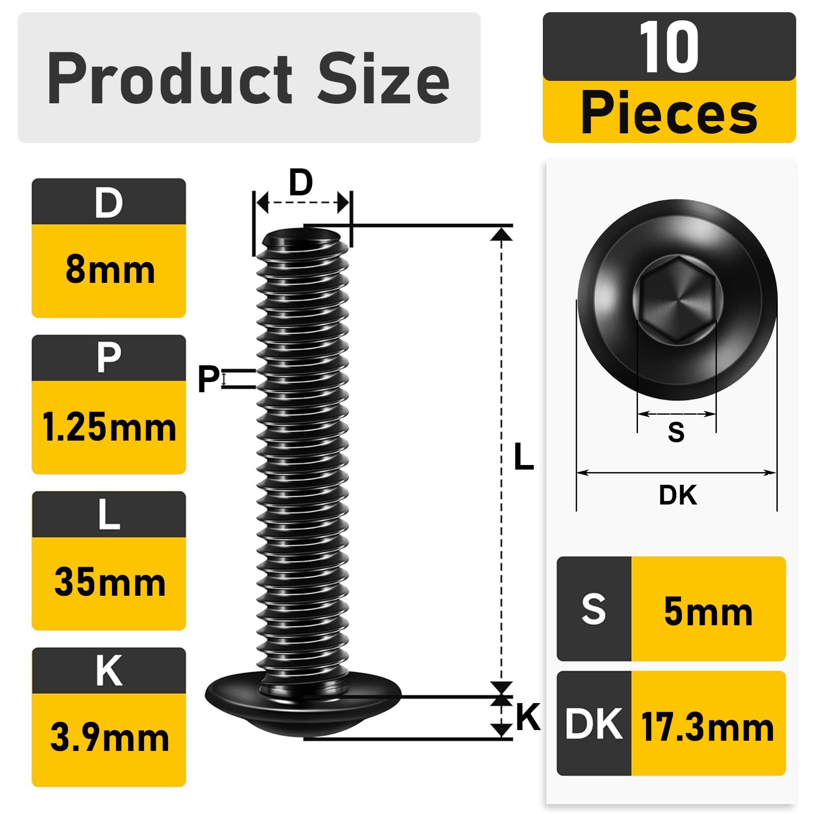 Valorada M8 Bolts, M8 x 35mm Flanged Button Head Screws Allen Socket Bolts Stainless Steel 304 Black Finish with Hex Spanner Pack of 10 - Image 2